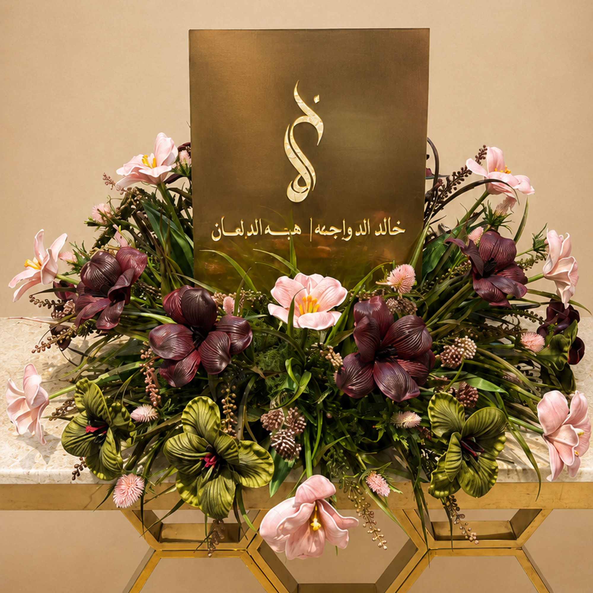 Center Peace Artificial Flowers with Acrylic Board 
Artificial Burgundy Tulip 
Artificial green tulip 
Artificial Pink Tulip 
Pink Arngium 
Burgundy Istbala 
Acrylic painting is gold