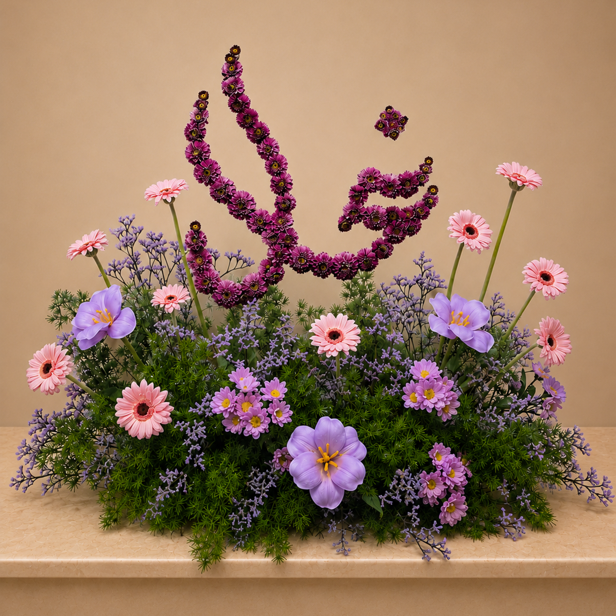 Center Peace Rose Natural Mix 
Gerbera Pink 
Baby Craze Purple 
Green Asparagus 
Purple Aluminum 
Artifical Purple Tulip