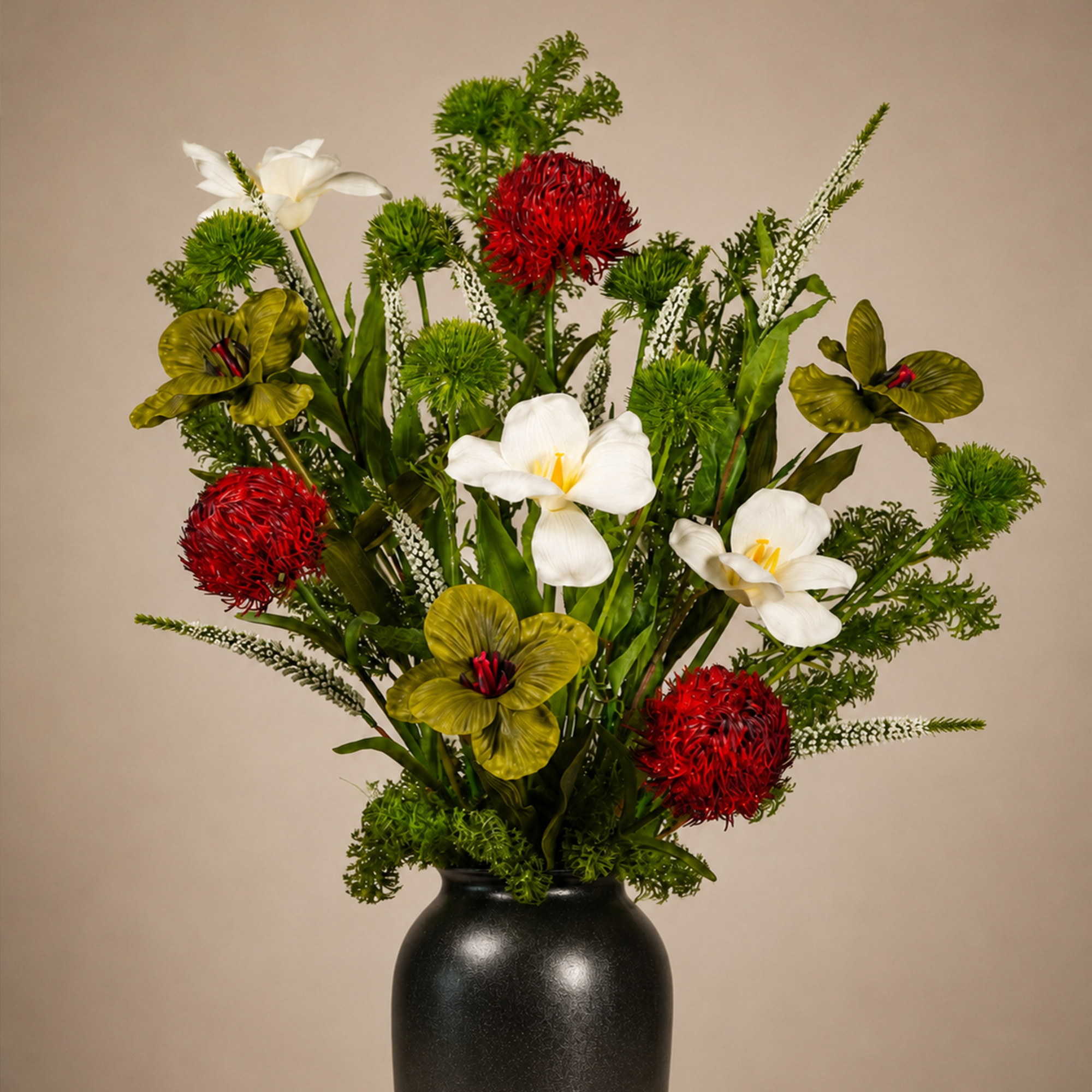 6 Tulips - 3 Burgundy Turkey - 1 Sparkus - 1 Punch Franca - 1 Green Lily Oud