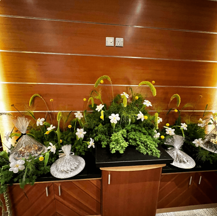 Welcoming a natural rose baby
1 length solution
1 medium length
2 Side Length
1 Door Entrance
Green Asparagus
White Tulip
Crispdia yellow
Satria Green